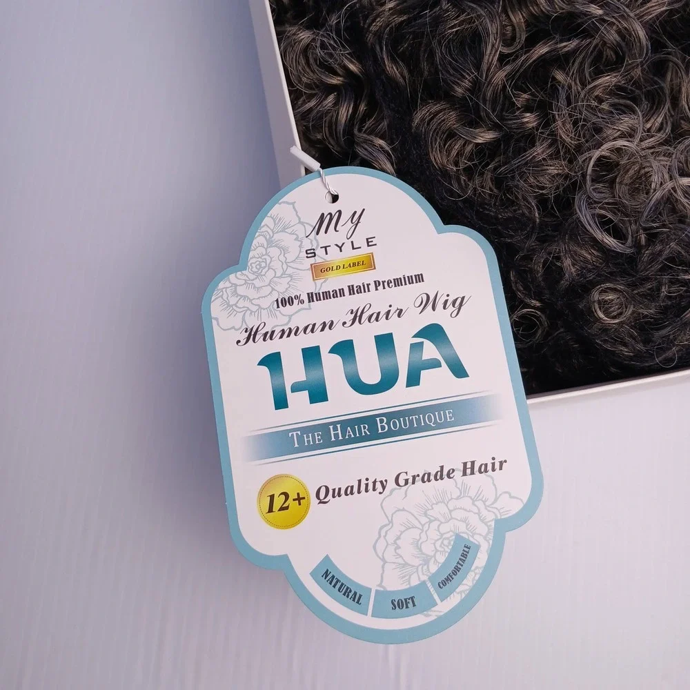 My Style HUA Hebe Human Hair Wig Short Curly Glueless Grey Salt and Pepper NEW